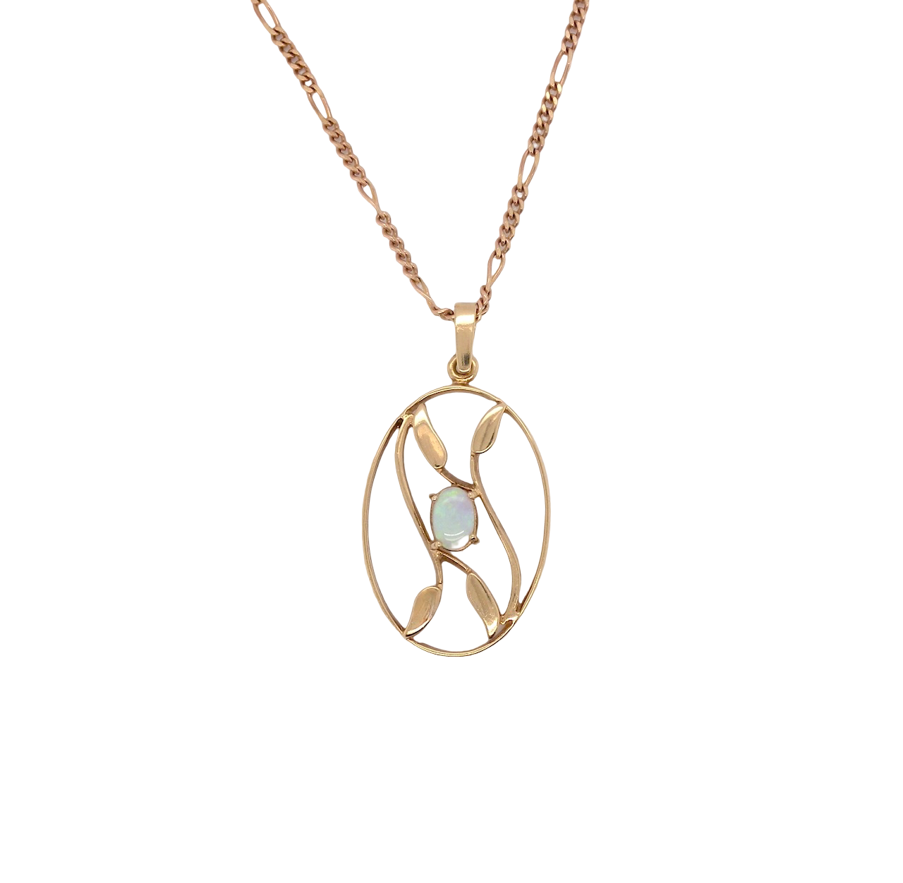An elegant Art Deco style pendant featuring a beautiful oval opal measuring 6 × 4 mm, displaying a lovely play of colour.