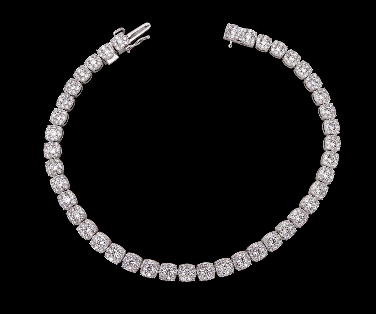 A tennis bracelet made of round brilliant-cut diamonds set in a silver-toned metal, arranged in a circular shape against a solid black background.
