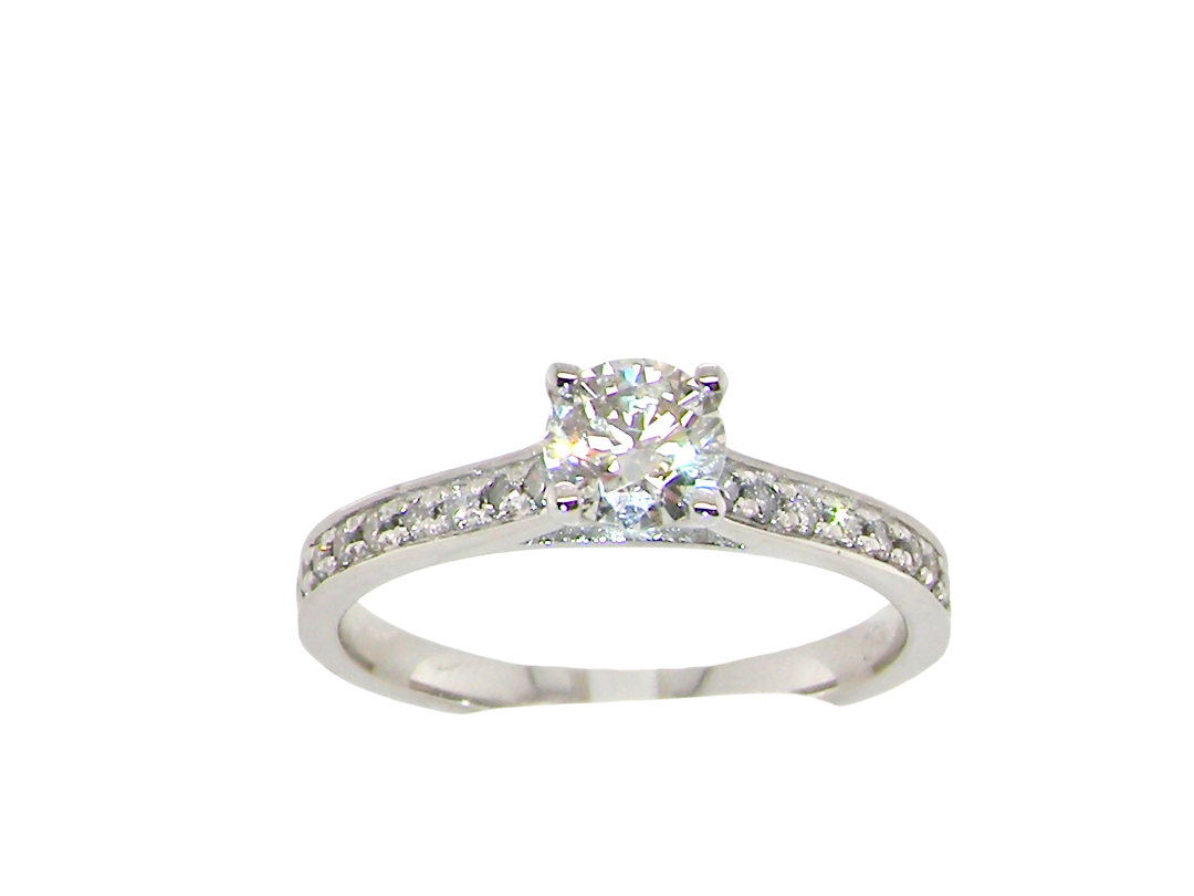 A  diamond engagement ring with a round-cut center stone and a pavé band set with small diamonds, shown on a plain white background.