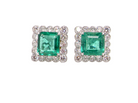 An exceptional pair of cluster earrings. Each of these beautiful earrings is set with a stunning square cut emerald, measures 7x7mm