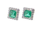 An exceptional pair of cluster earrings. Each of these beautiful earrings is set with a stunning square cut emerald, measures 7x7mm (est carat size 1.8 carats) excellent colour and clarity with 