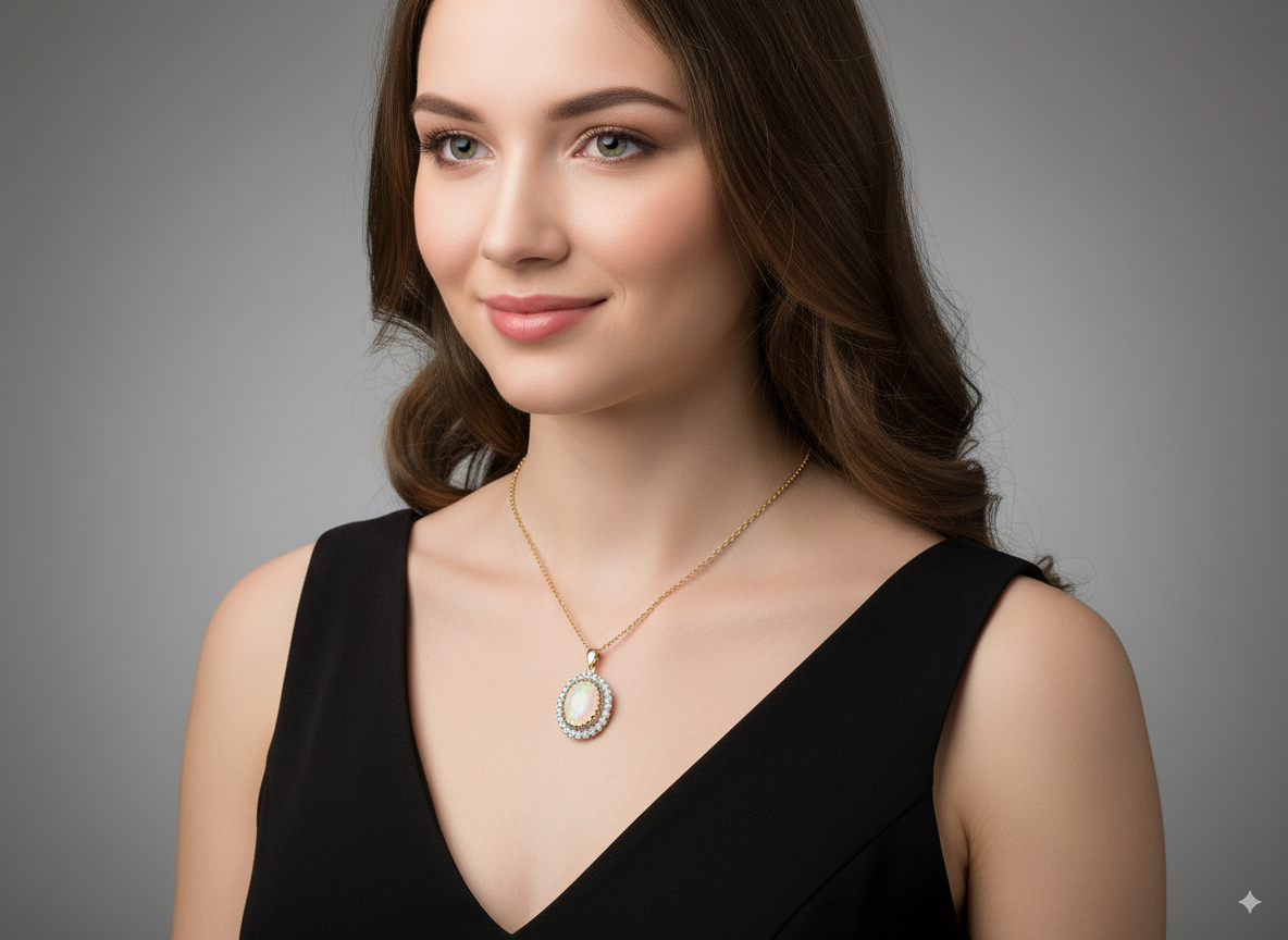 Woman wearing a black dress and gold necklace with a pendant on a gray background