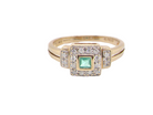 An square cluster emerald and diamond ring