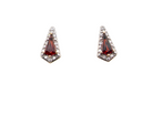 An unusual shaped pair of earrings. To the centre a kite shaped garnet 