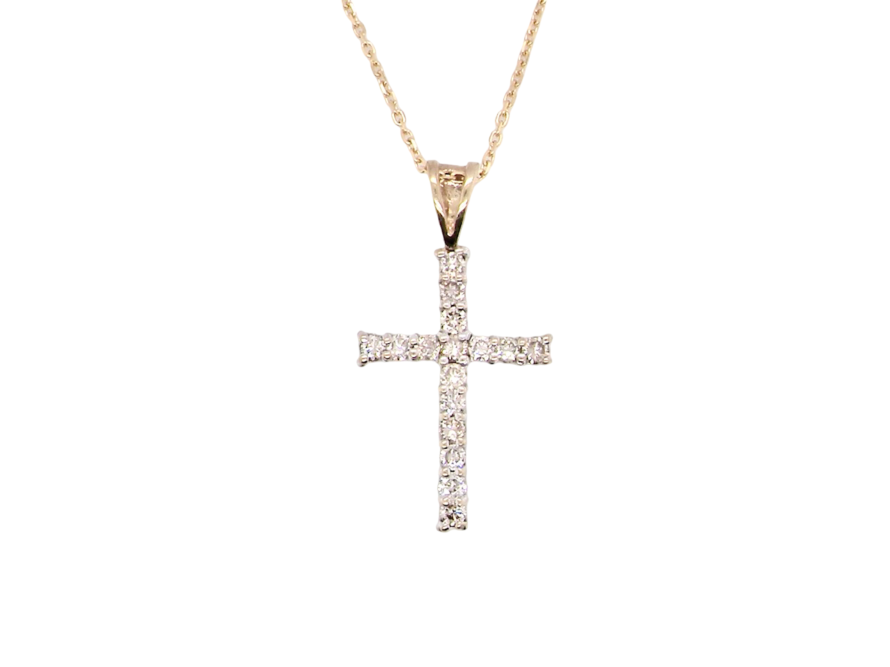 A 9 carat gold cross pendant. Set with fifteen small brilliant cut white diamonds.

Each 1.6mm, total carat weight estimated at 0.30 carats. Colour i-k, clarity Si. Overall size 18x12.5mm. Attached to an 18' neck chain.