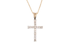 A 9 carat gold cross pendant. Set with fifteen small brilliant cut white diamonds.

Each 1.6mm, total carat weight estimated at 0.30 carats. Colour i-k, clarity Si. Overall size 18x12.5mm. Attached to an 18' neck chain.