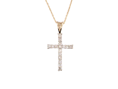 A 9 carat gold cross pendant. Set with fifteen small brilliant cut white diamonds.

Each 1.6mm, total carat weight estimated at 0.30 carats. Colour i-k, clarity Si. Overall size 18x12.5mm. Attached to an 18' neck chain.