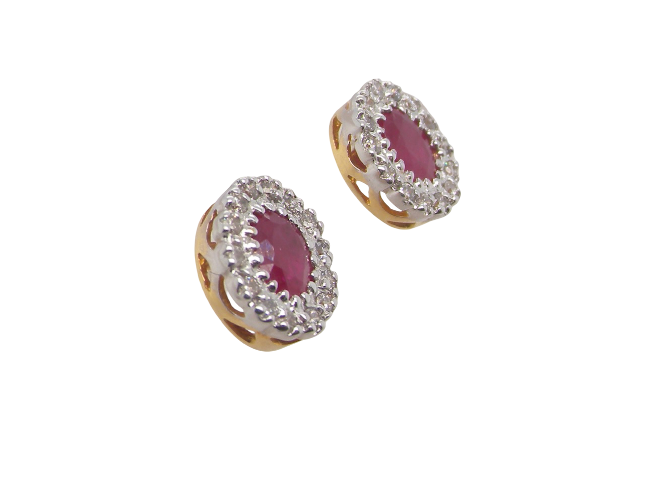 Suggestion
Pair of earrings with red gemstones and diamond-like stones on a white background