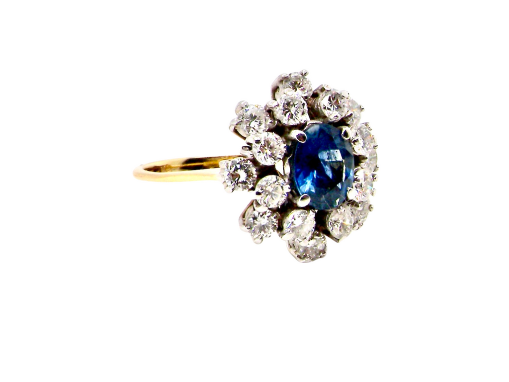 gold sapphire and diamond cluster ring