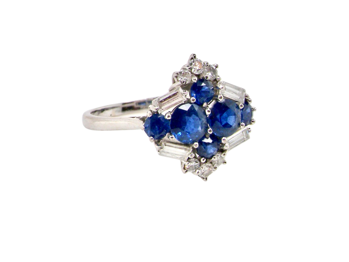 An 18 carat white gold sapphire and diamond cluster ring – Vintage Tom ...