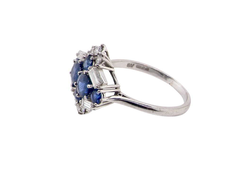 white gold sapphire and diamond cluster ring