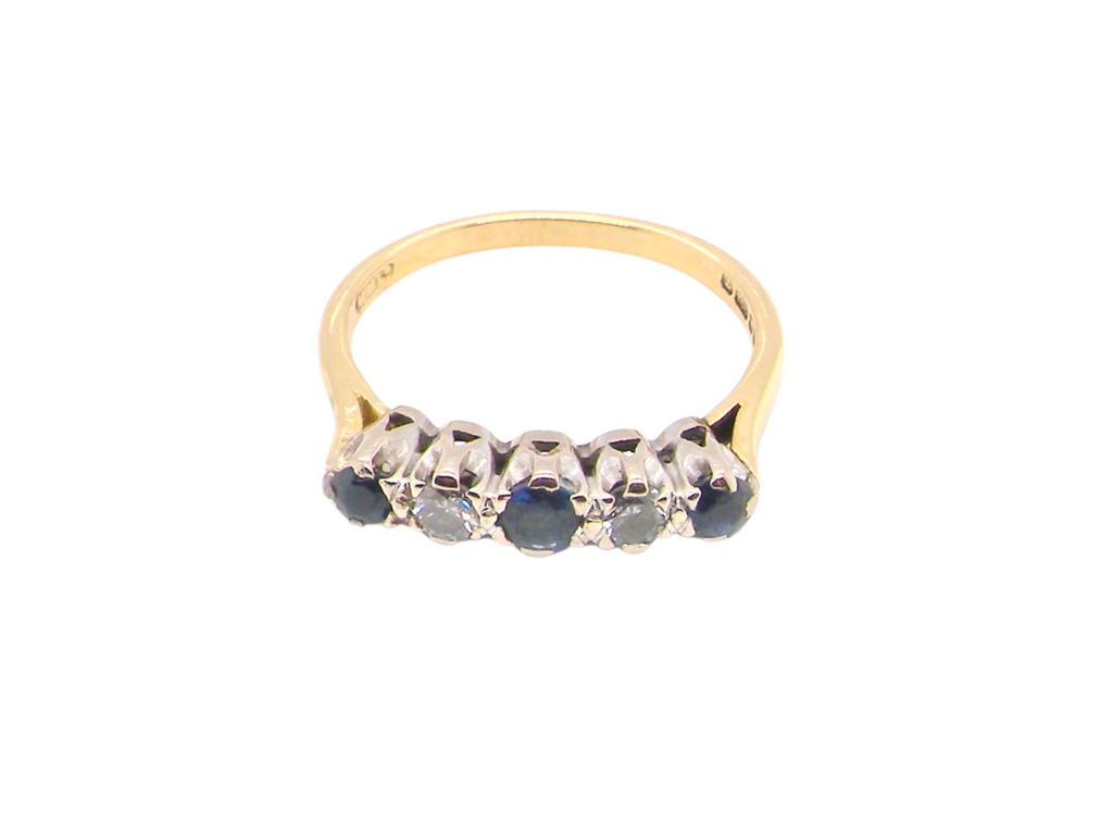  18 gold five stone sapphire and diamond ring