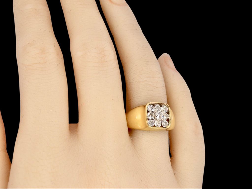 Uni-sex  gold diamond cluster signet style ring