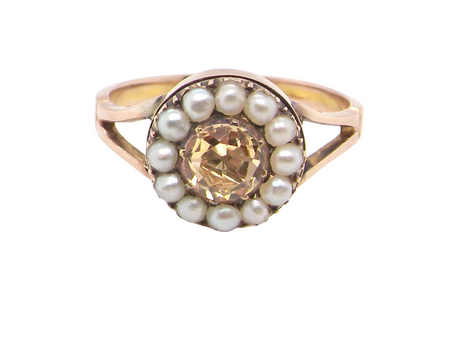 Topaz and pearl cluster ring