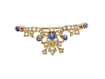 A sapphire and pearl floral design brooch