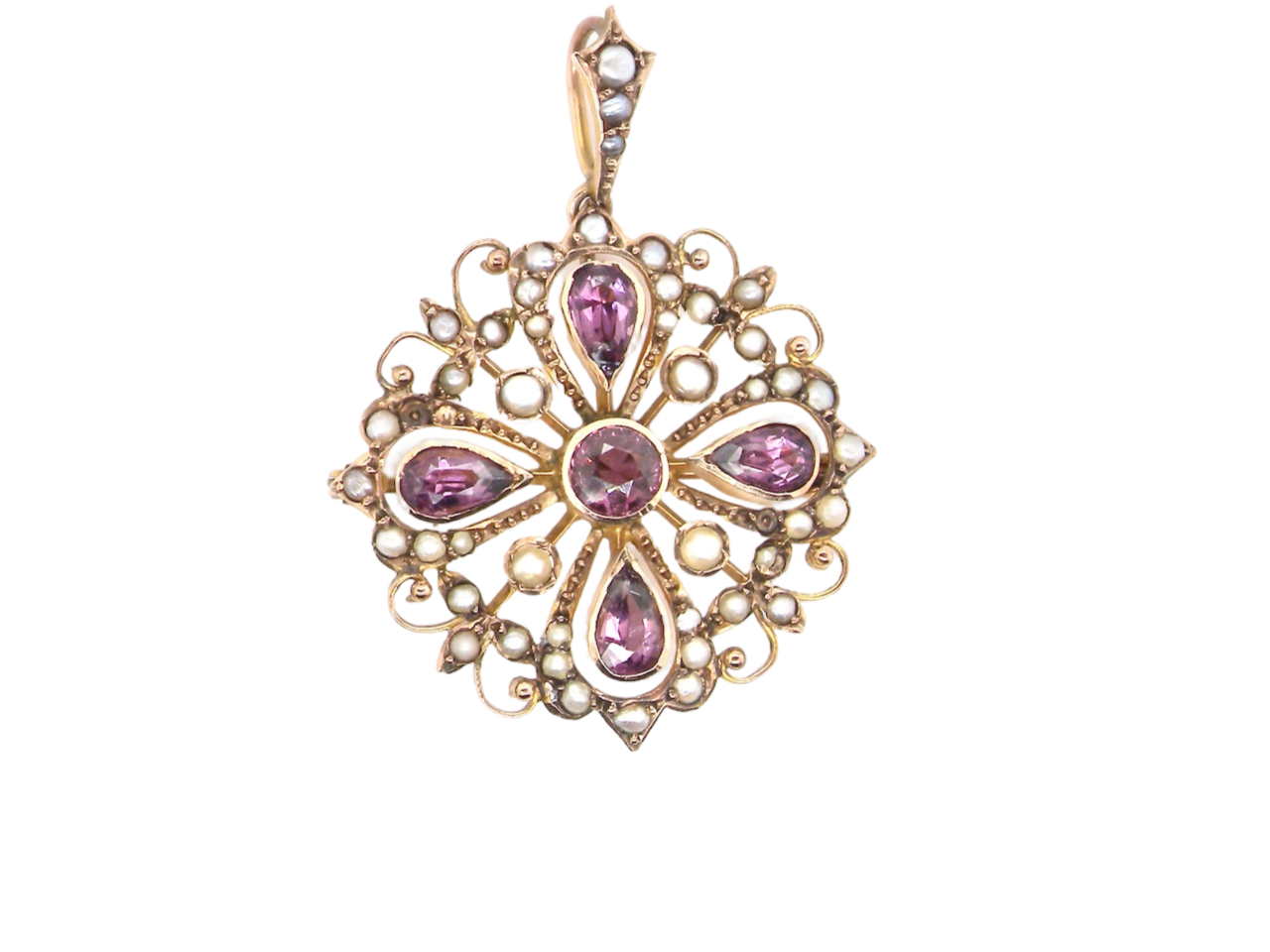 A fine amethyst and pearl pendant/brooch