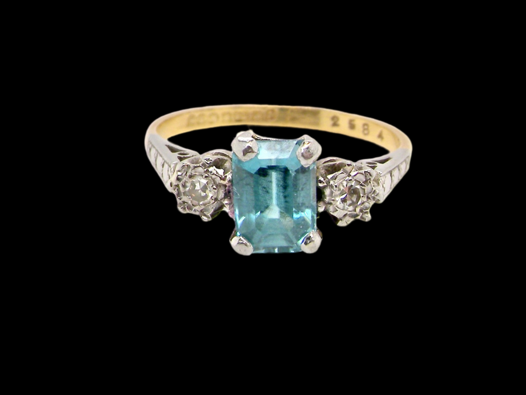 Blue Zircon and Diamond three stone Ring