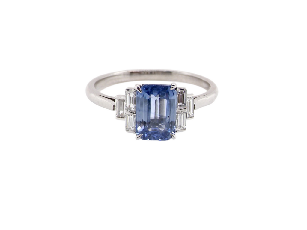 A modern sapphire and diamond ring