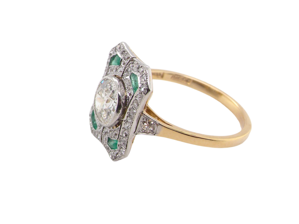 A fine Art Deco Emerald and Diamond Ring side view
