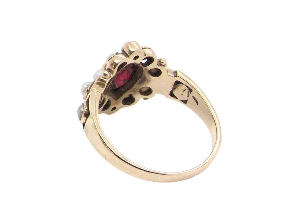 rear view garnet and pearl dress ring