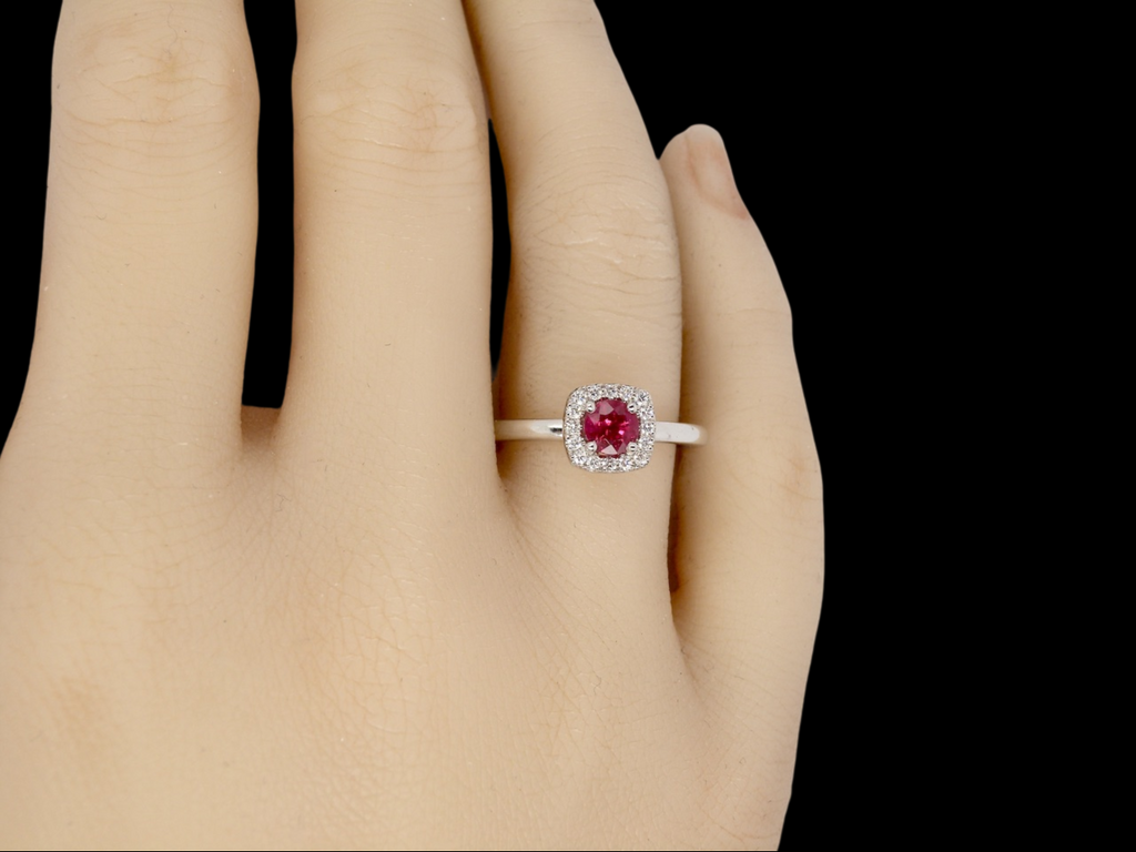 white gold ruby and diamond cluster ring