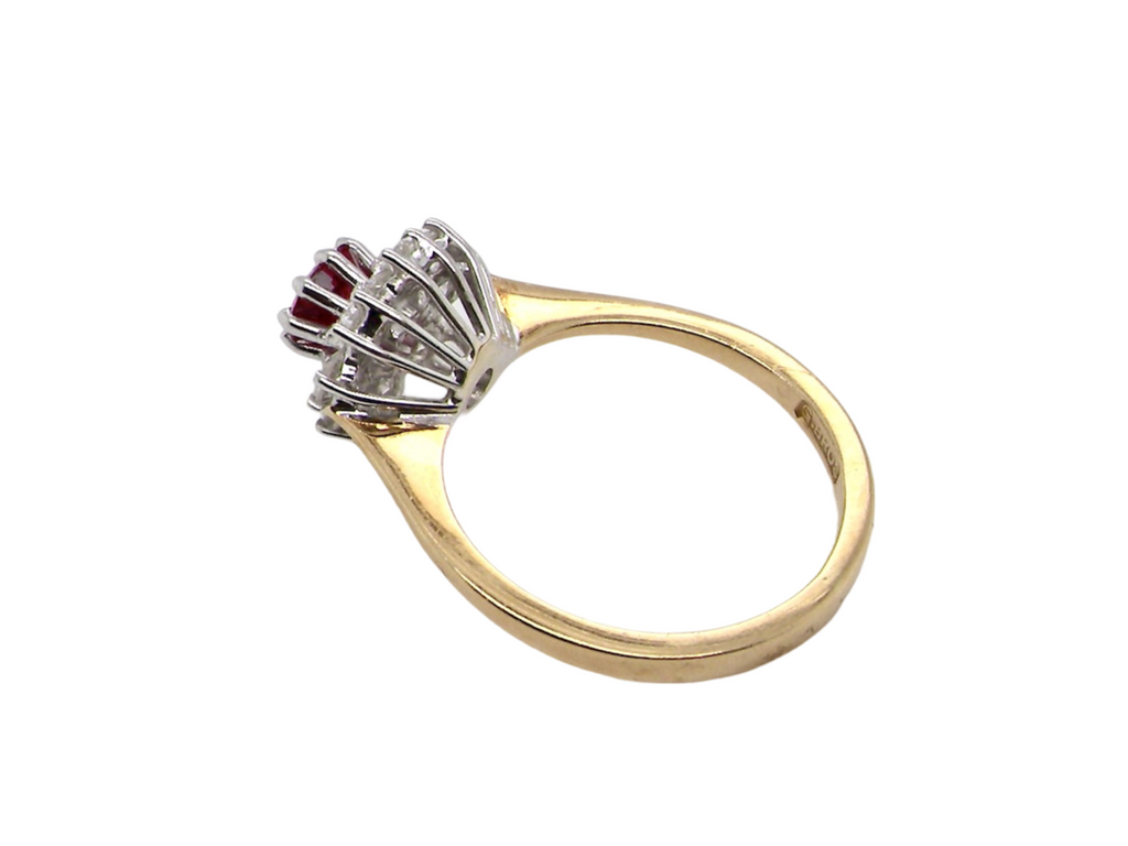 A ruby and diamond cluster ring rear view