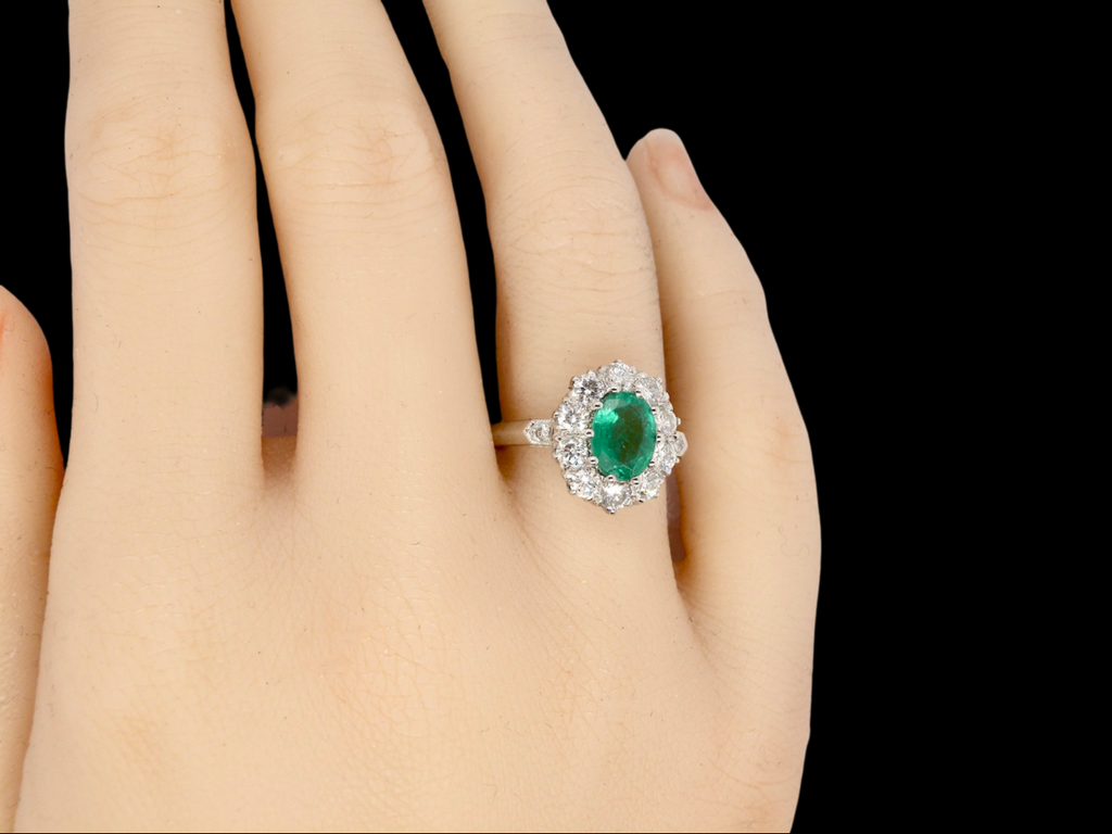 Platinum Emerald and Diamond cluster ring