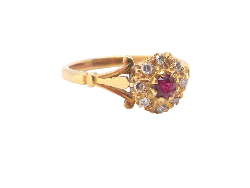 A Ruby and Diamond Cluster Ring side view
