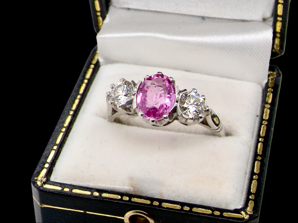 3 stone pink sapphire and diamond ring