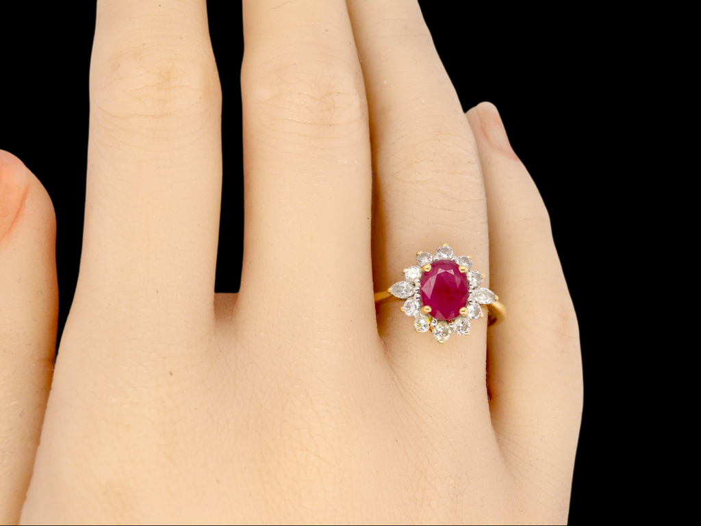 A Ruby and Diamond Cluster Ring finger view 