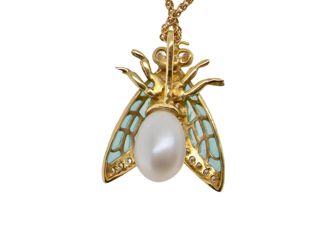 An insect pearl and diamond pendant rear view