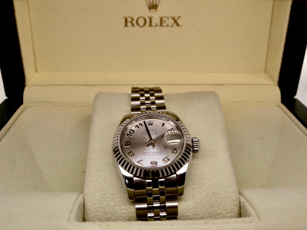 A womans steel Rolex wrist watch 179174 in box