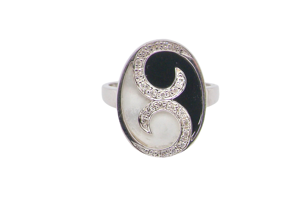 Vintage diamond onyx and mother of pearl dress ring