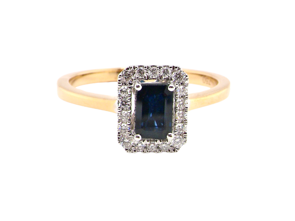 sapphire and diamond rectangular cluster ring