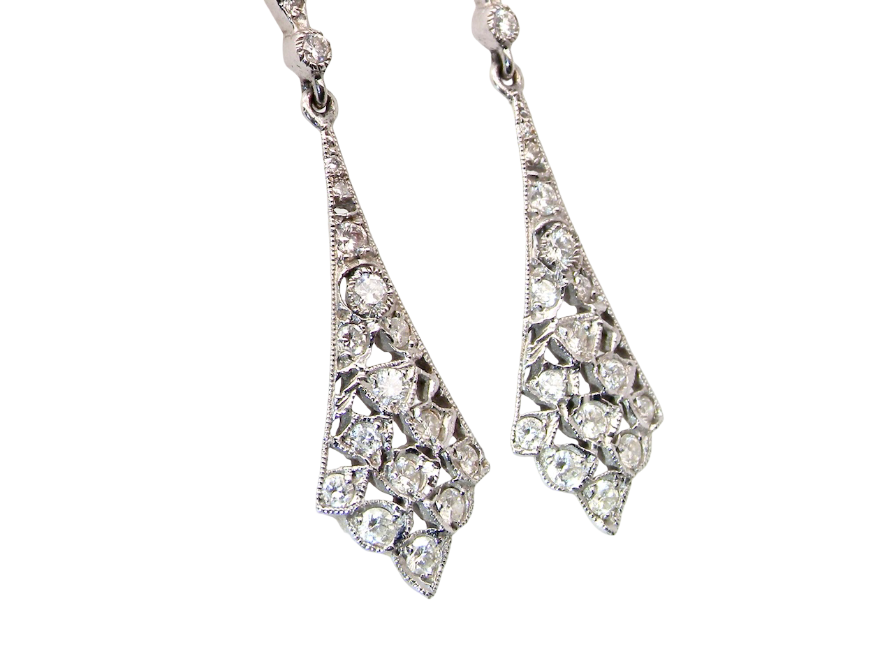 Designed in the elegant style of the 1920s, drop earrings are crafted in 18ct white gold.
