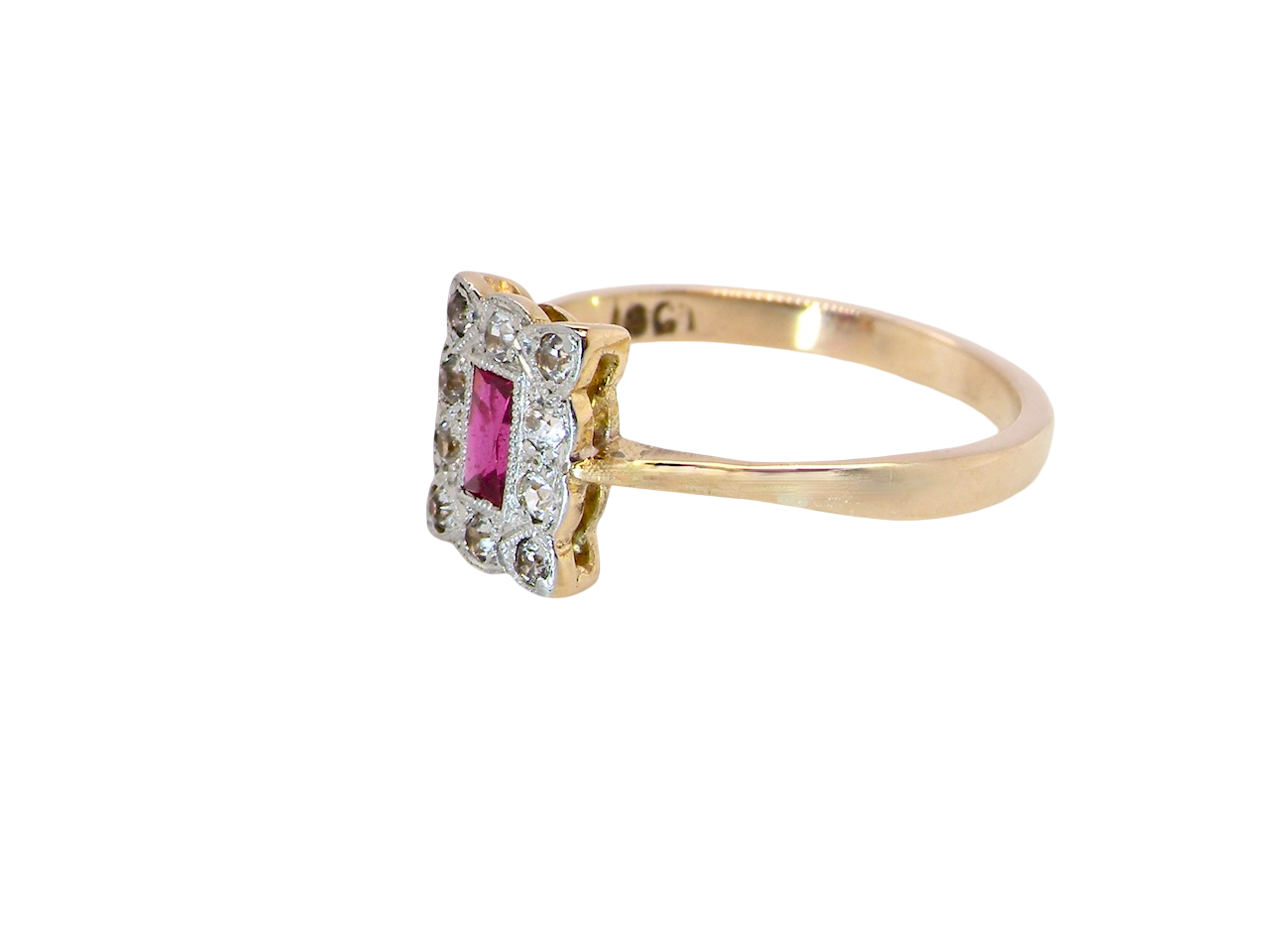 Edwardian-era cluster ring ruby and diamond side