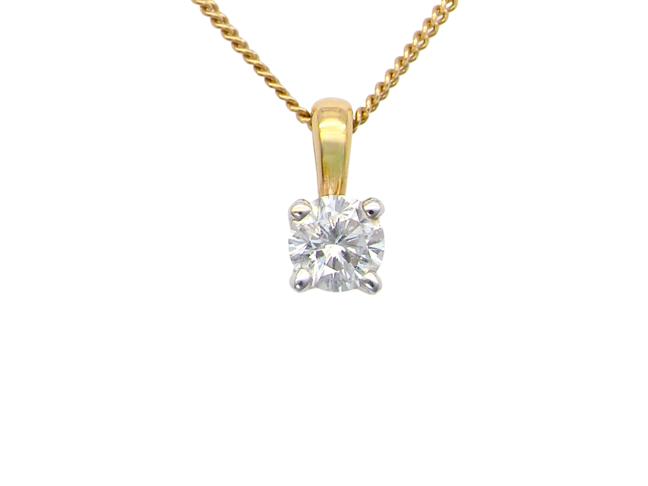 Elegant and timeless, this solitaire diamond pendant showcases a beautifully cut 4mm round brilliant diamond, weighing 0.25 carats. The diamond features a  H–J colour and Si clarity