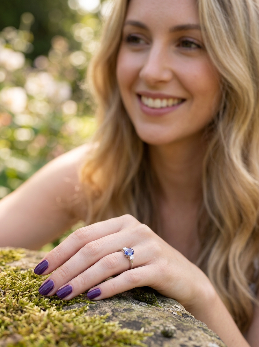 model A three stone ring that features an impressive tanzanite centre stone that measures 10x8mm (3.21 carats confirmed) AAA colour.&nbsp;