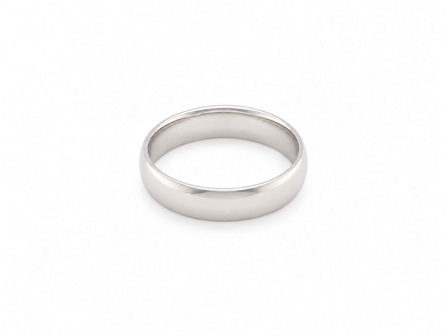 A classic flat band wedding ring in polished  white gold metal, shown on a clean white background.