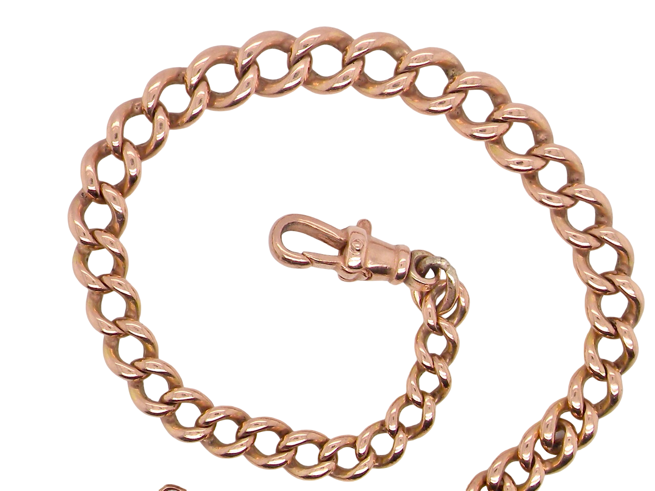  The curb links (most with a hallmark- now rubbed) graduate from 4.5 to 7.5mm. Tests as 9 carat gold, 