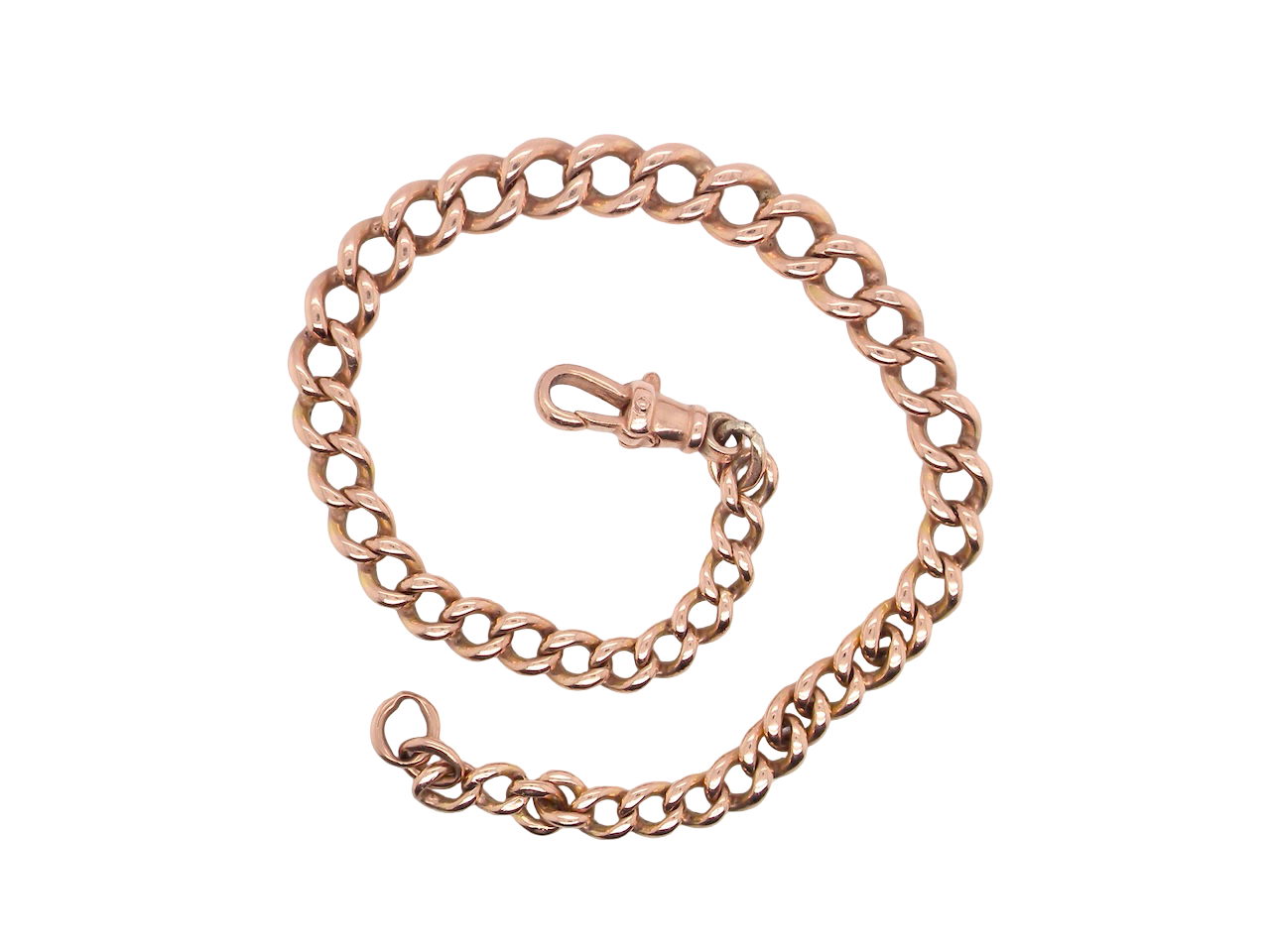  The curb links (most with a hallmark- now rubbed) graduate from 4.5 to 7.5mm. Tests as 9 carat gold, and has a pleasing rose gold tinge. 