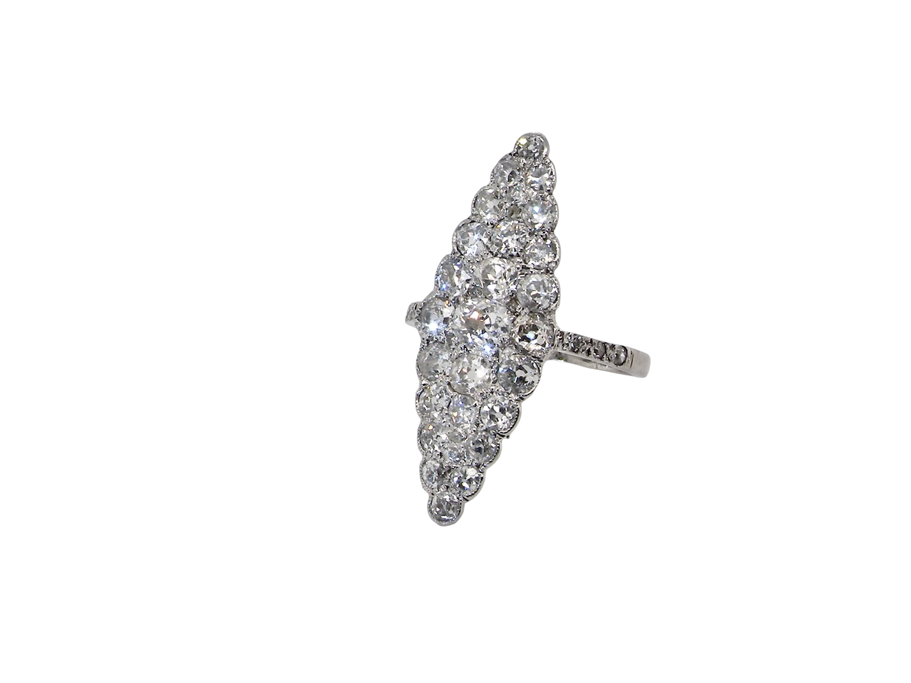 This is a striking marquise-shaped diamond cluster ring with a  classic, vintage-inspired look.
