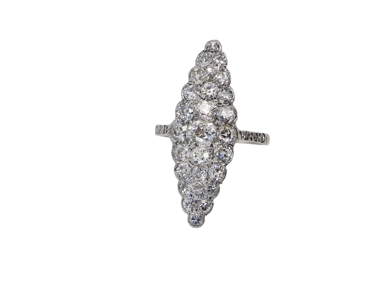 This is a striking marquise-shaped diamond cluster ring with a very classic, vintage look.
