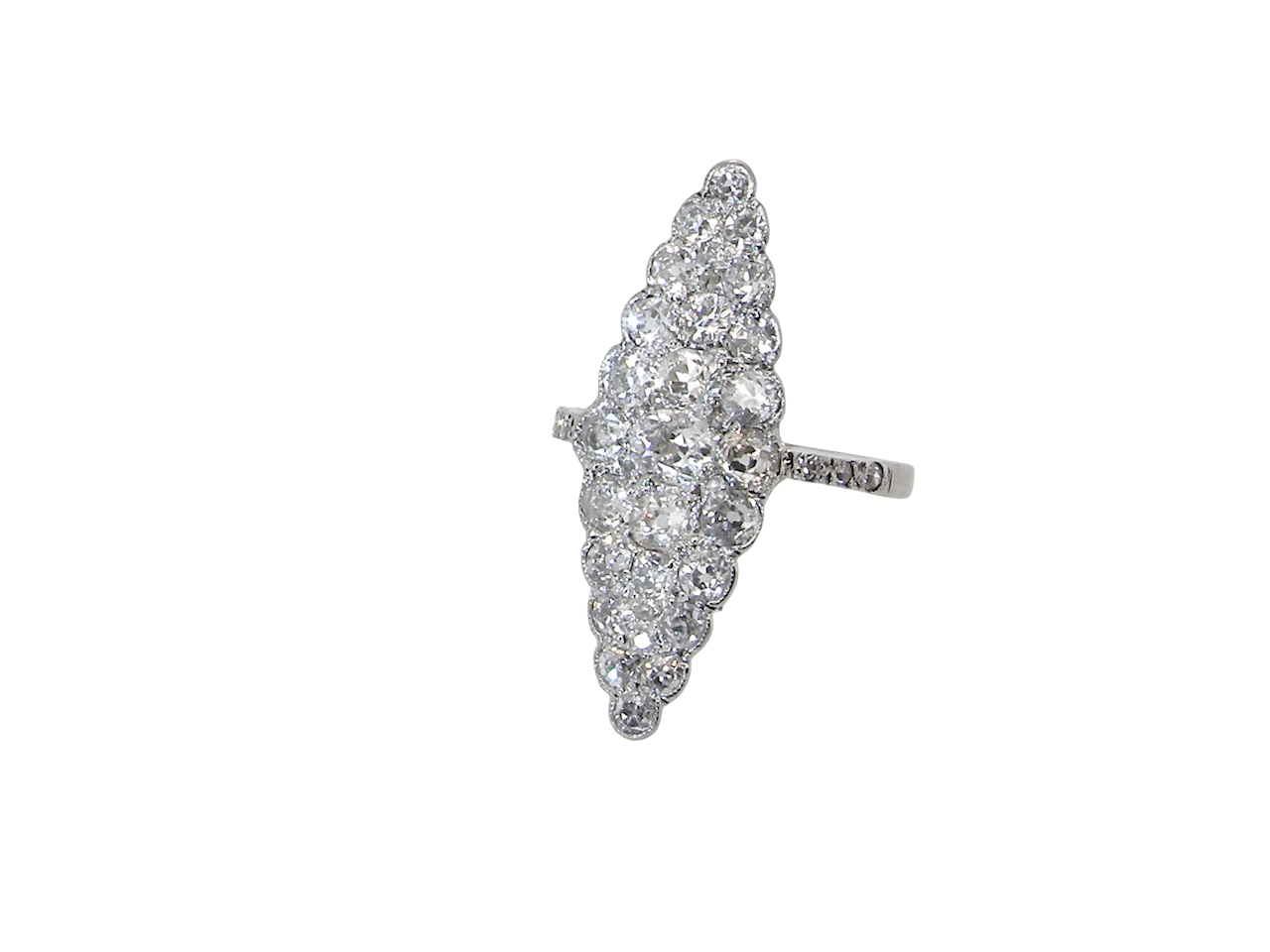 This is a striking marquise-shaped diamond cluster ring with a very classic, vintage-inspired look.