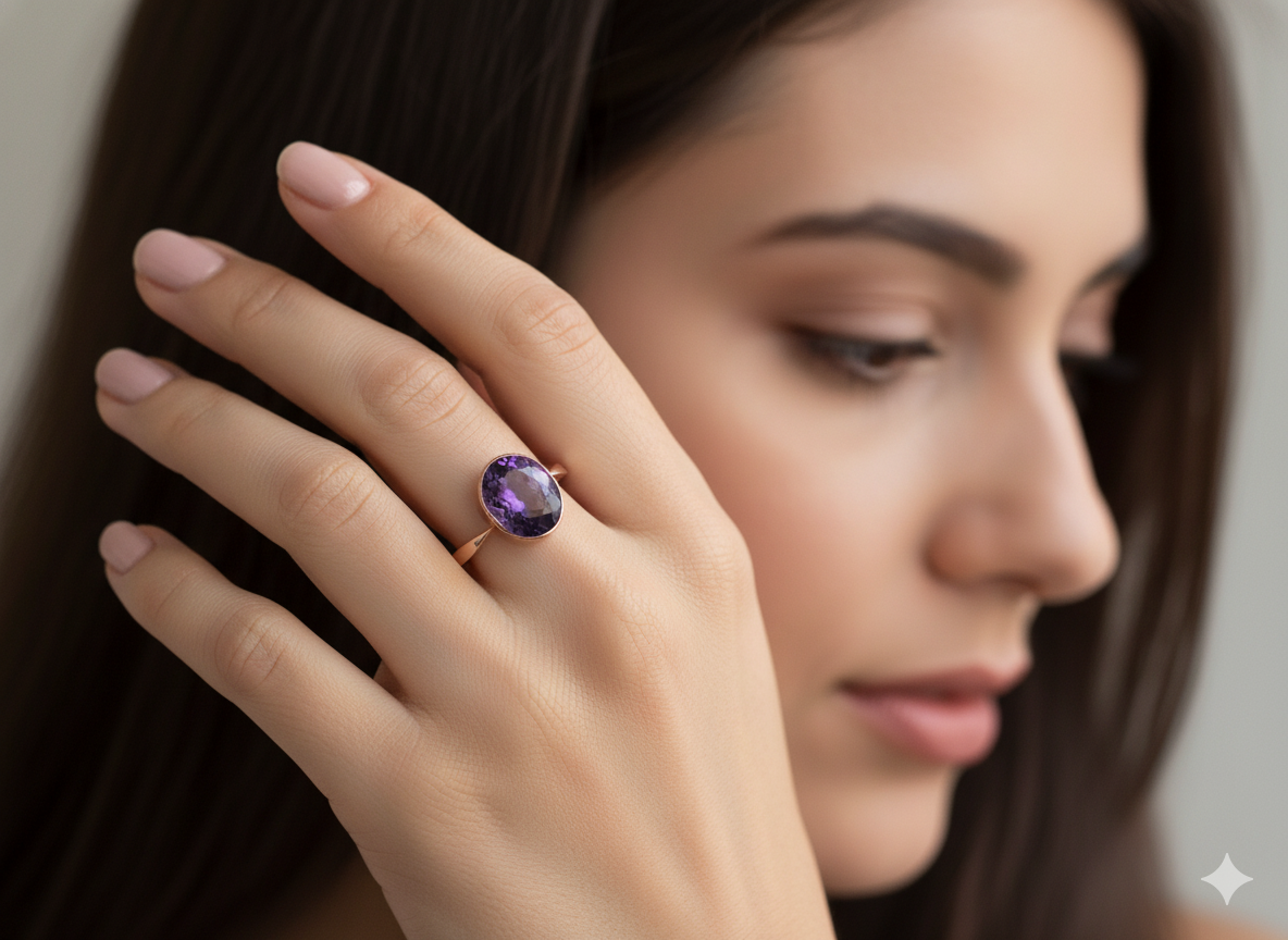 Woman wearing a ring with an amethyst stone, focusing on the jewelry.