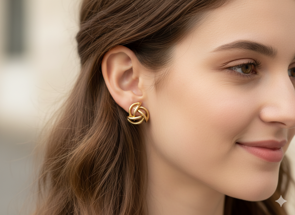 Close-up of a woman wearing a gold earring with a blurred background