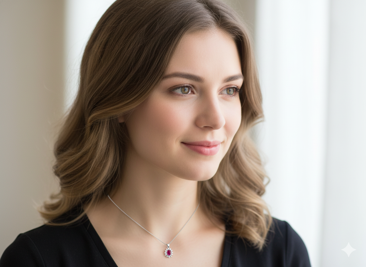Woman wearing a necklace with a red gemstone against a neutral background