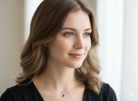 Woman wearing a necklace with a red gemstone against a neutral background