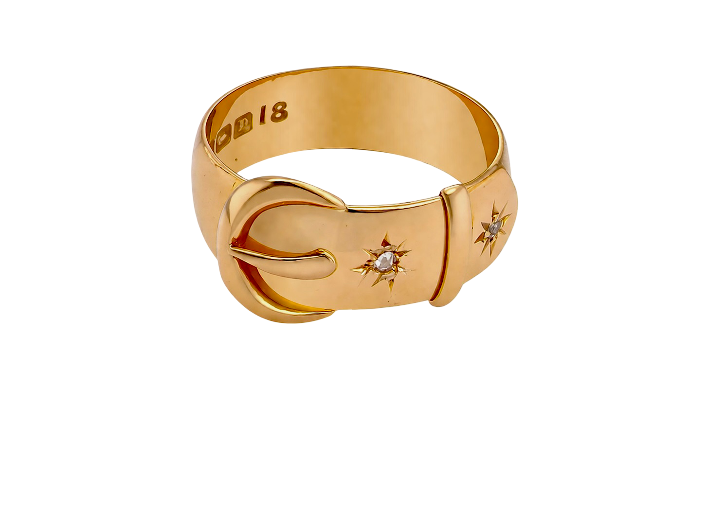 above A fine 18 carat gold buckle ring set with small old rose cut diamonds