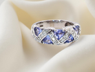 beautiful and eye-catching dress ring set in 14ct white gold, featuring  triangular tanzanite gemstones